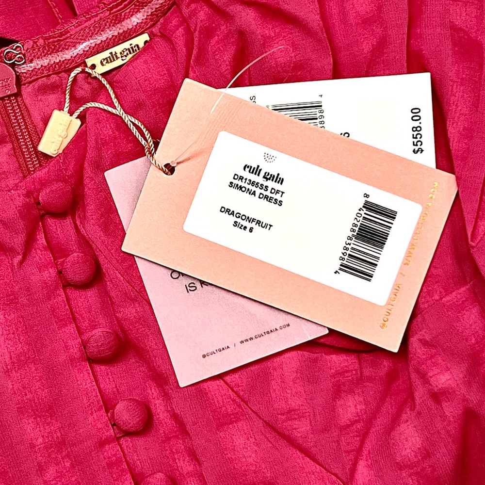 🌺🎉HP🎉🌺 NWT Cult Gaia Simona Off-The-Shoulder Ruffled Midi Dress Dragonfruit - Picture 15 of 16